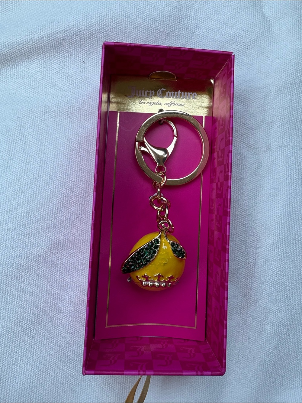 Juicy Couture Yellow Lemon Crystal Keyring with Gold Hardware